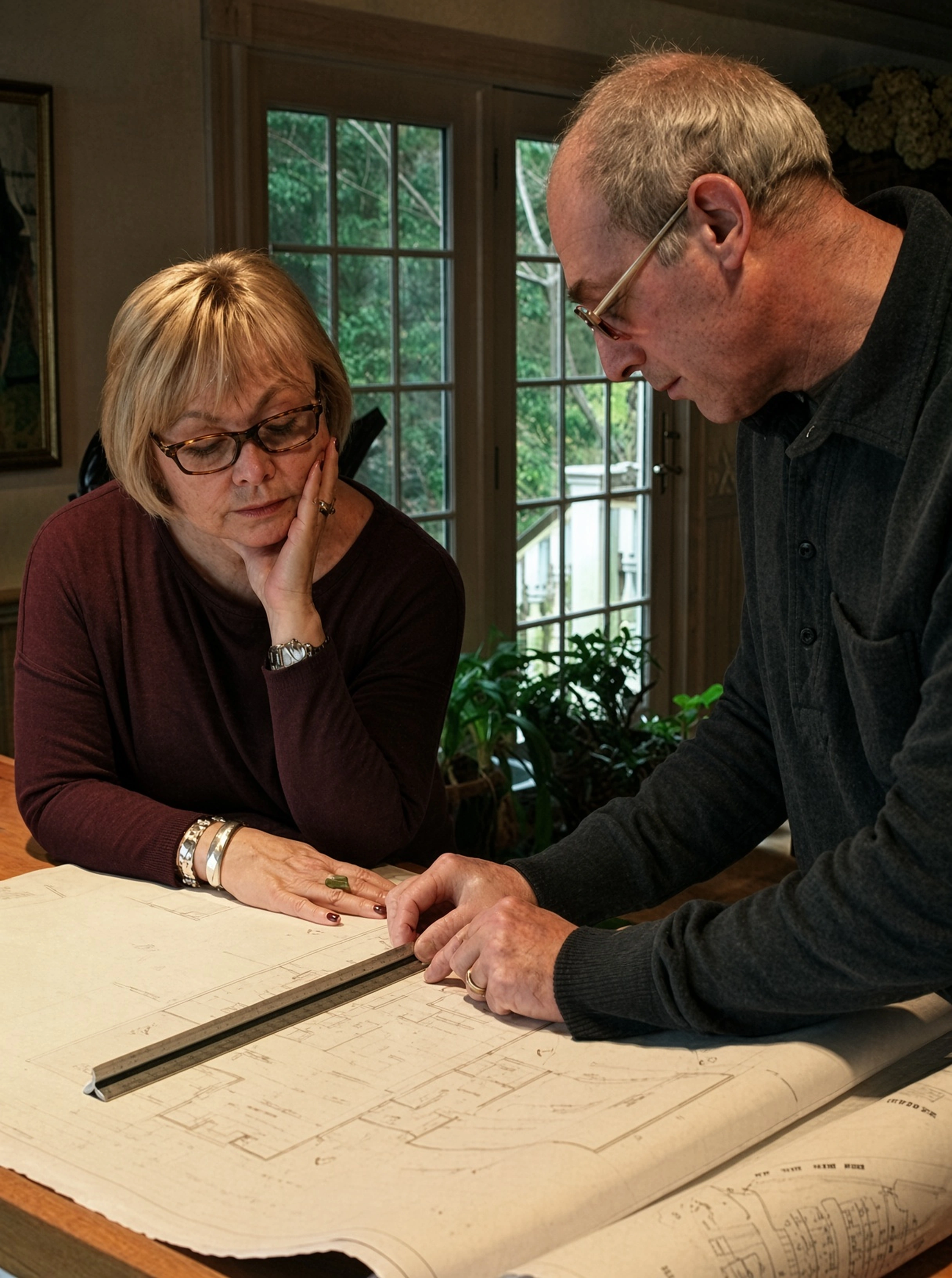 Susan Haft Moss and Eric Moss together reviewing architectural plans